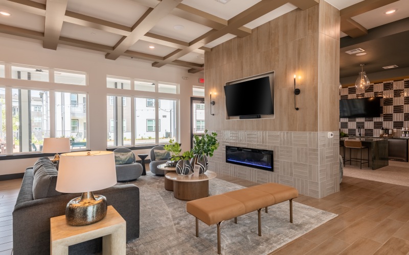 Living room with fireplace and tv